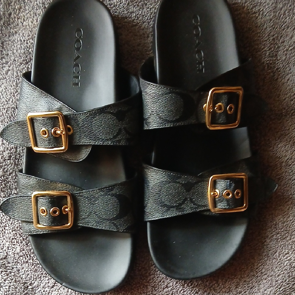 Coach Black Slide Sandals with Gold Accents